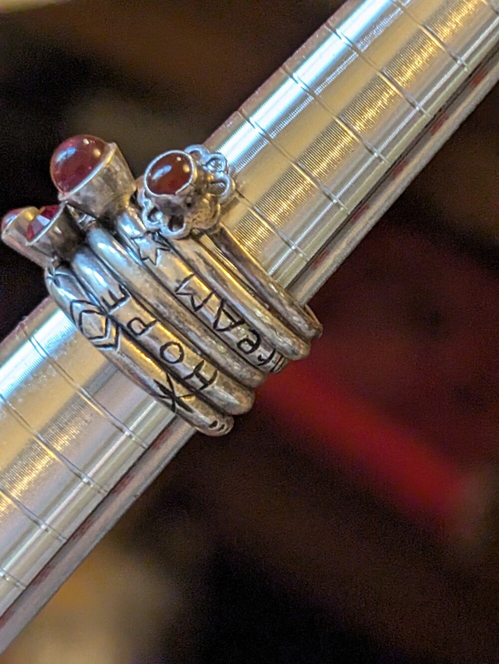 Stackable Silver Rings Set (6)with Turquoise and Red Stones - Picture 11 of 15